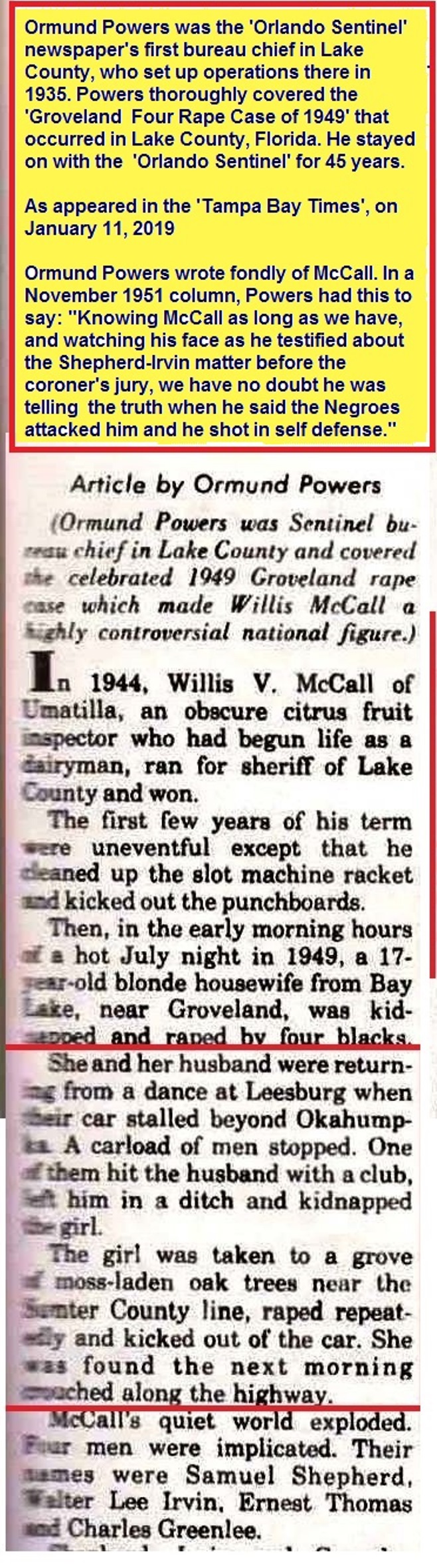 RAPE ACOUNT GROVELAND FOUR An AUTOBIOGRAPHY BY WILLIS V. MCCALL SHERIFF OF LAKE COUNTY 1945-1972 RAPE ACOUNT GROVELAND FOUR An AUTOBIOGRAPHY BY WILLIS V. MCCALL SHERIFF OF LAKE COUNTY 1945-1972